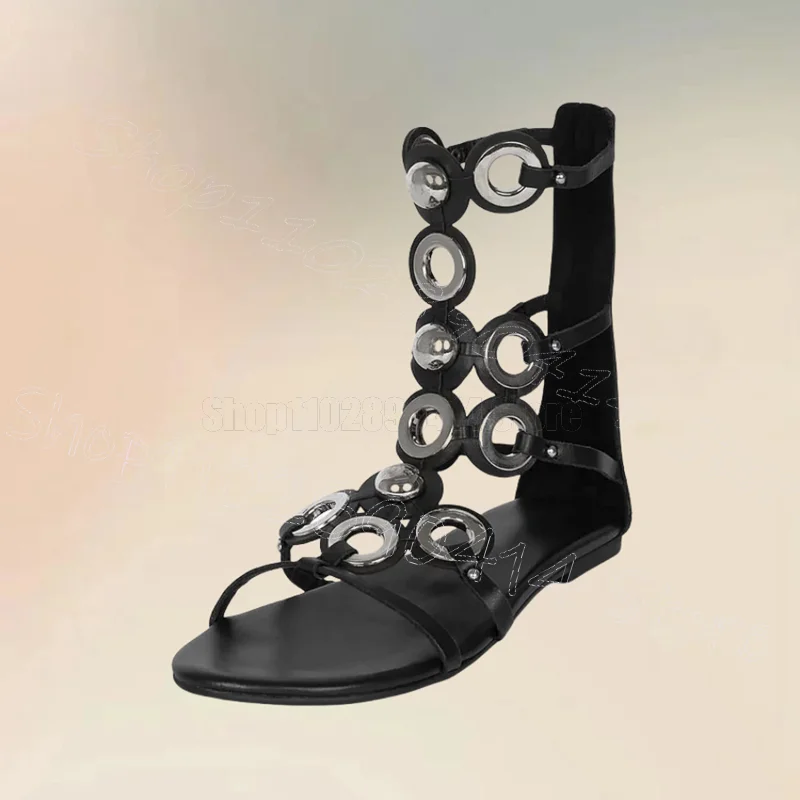 

Metal Circle Black Hollow Design Sandals Boots Back Zipper Women Shoes Low Top Open Toe Party Banquet 2025 Zapatos Para Mujere