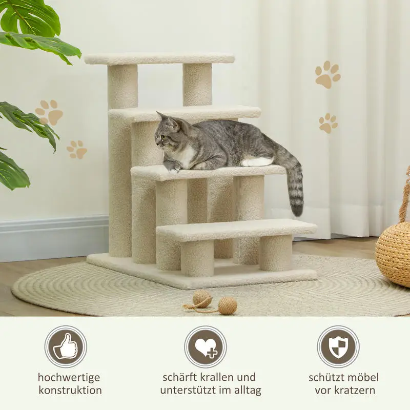Katzenstufen 4-stufige Tierstufe Treppe für Katze Haustierstufe Hundestufe aus Plüsch 61 x 41 x 60 cm Cremeweiß