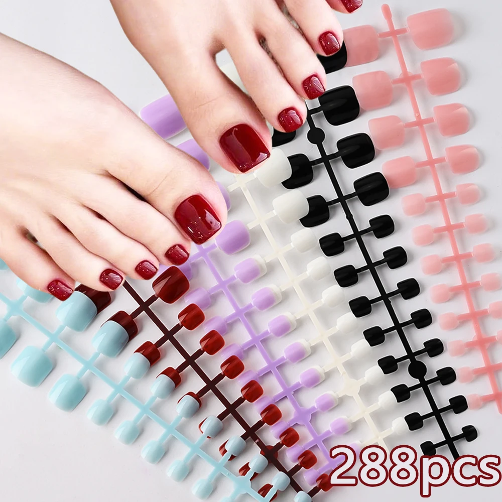 

288pcs Short Square Toe False Nails 6Colors Mixed Size Glossy Full Cover Press On Toenails For Extension Acrylic Foot Fake Nails