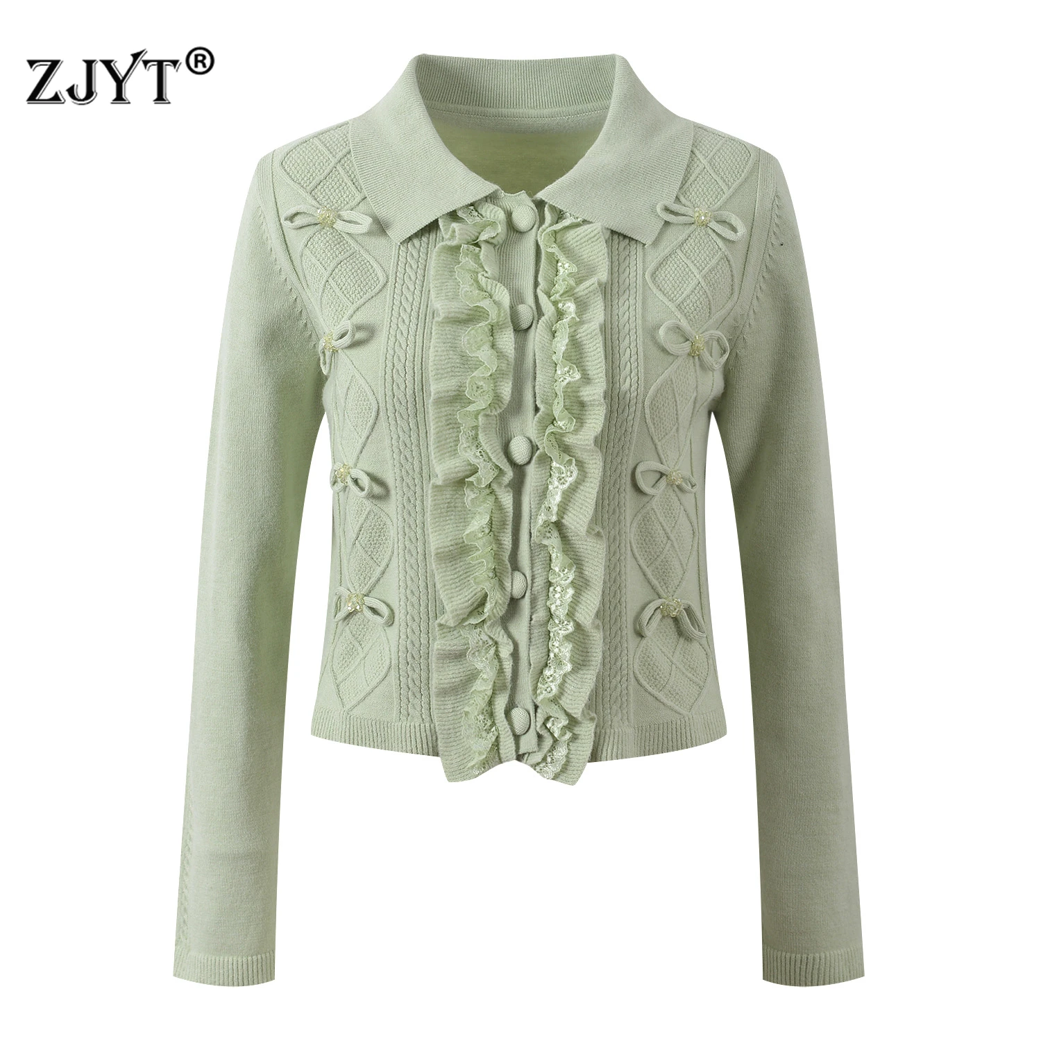 

ZJYT весенние модные женские кардиганы с длинными рукавами и оборками, топы, элегантный повседневный зеленый трикотаж с отложным воротником, женский трикотаж