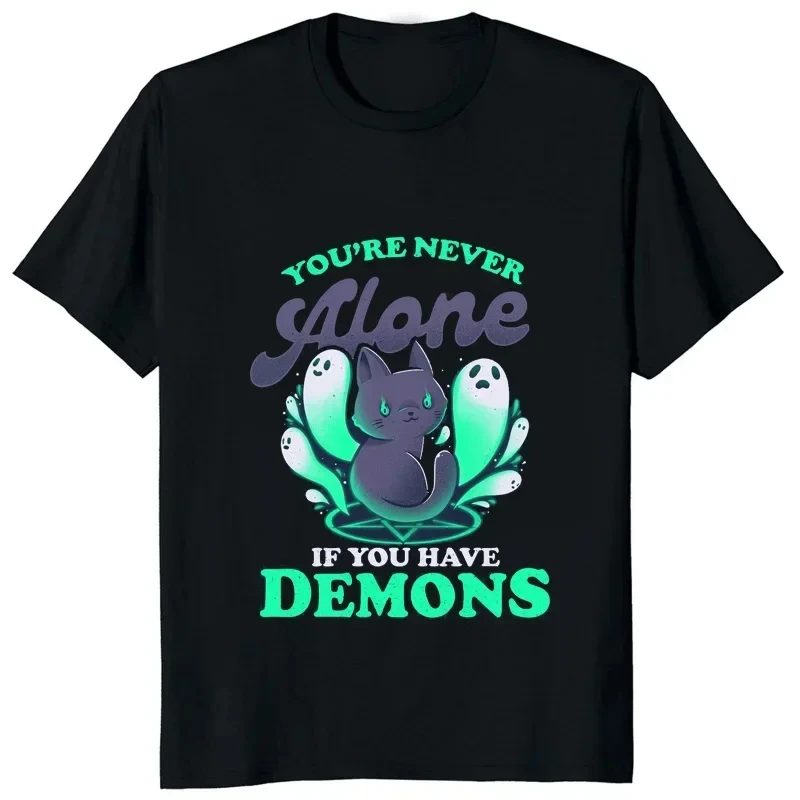 Kawaii Cat Demon Evil Satan Printed Cotton T Shirt Youre Never Alone If You Have Demons Tshirt Hail Baphomet Man Tops Women Tees