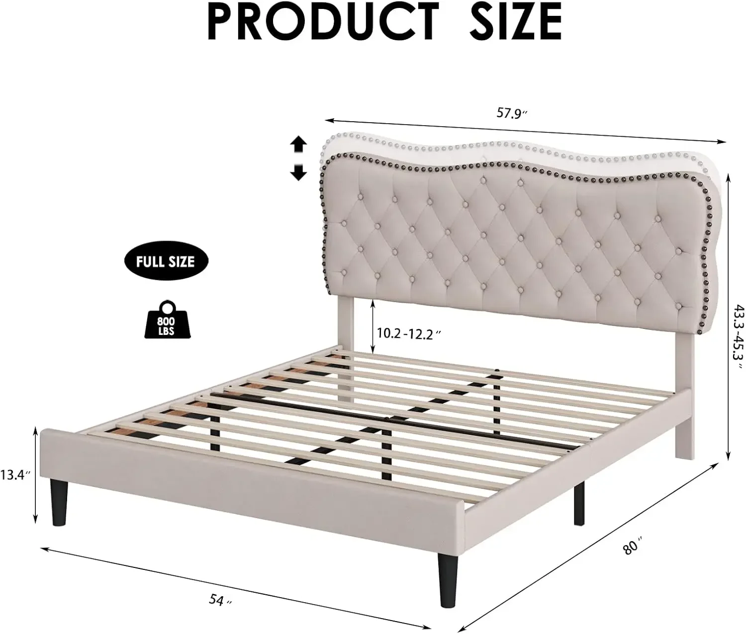 Full Size Bed Frame, Linen Fabric Upholstered Platform with Adjustable Headboard, Diamond Tufted Mattress Foundation