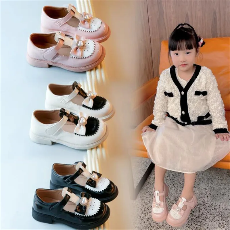 

Children's Leather Shoes New Foreign Style Girls' Rhinestone Pearl Bow Love Princess Party Dance Shoes Diamond Flats Kids Shoe