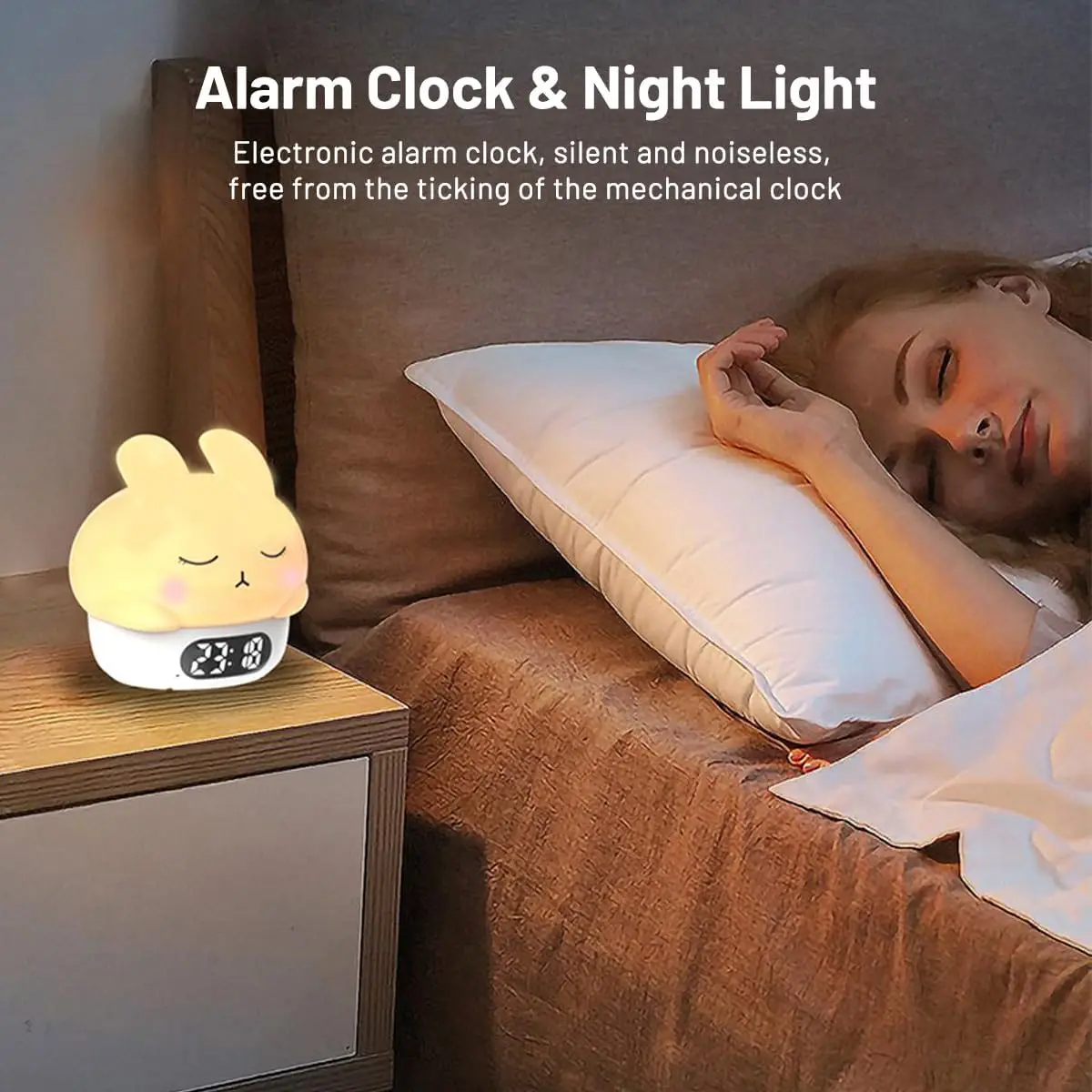 Cute Bunny Night Light Digital Alarm Clock Electronic Desk Clock Bedrooms Timer Bedside Table Clock for Kids Small Room Decor