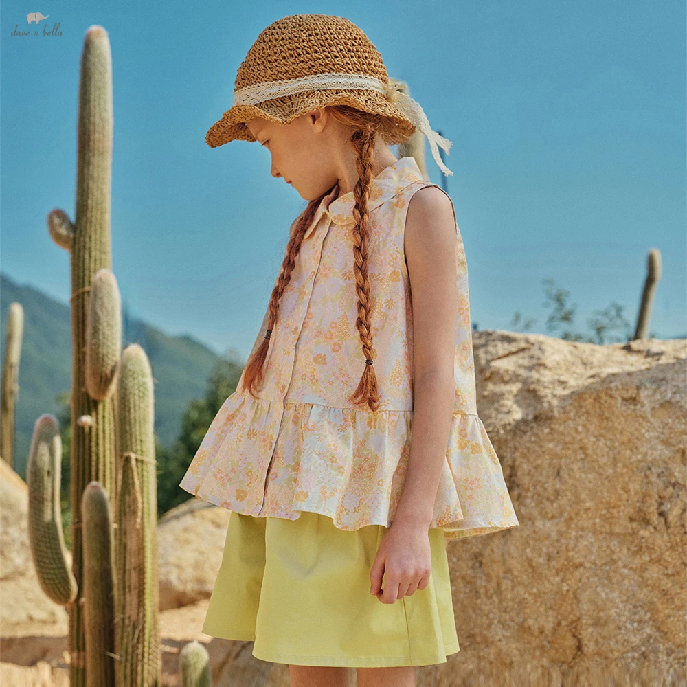 Dave Bella Girls Summer 2PCS Set Sleeveless Shirt Shorts Suits 7-13 Years Childern Printed Tops Trouser Clothing Sets DK2262149