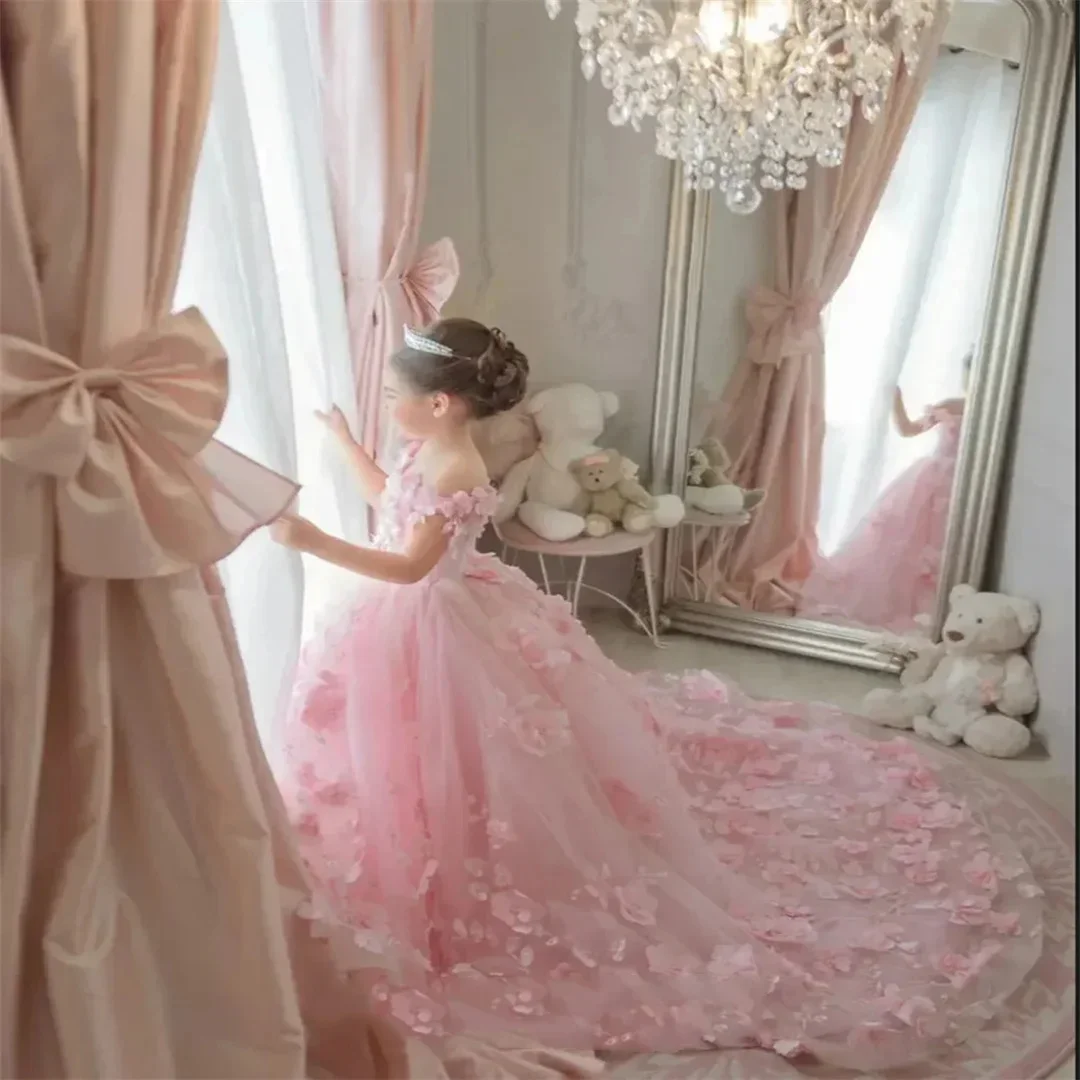 Vestido de princesa para niñas, apliques de encaje, vestido de niña de flores para bodas, niños pequeños, vestido de primera comunión con hombros descubiertos, hecho a medida