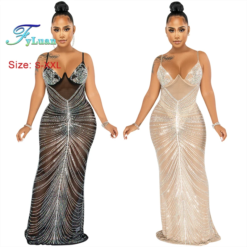Women Summer Sheer Mesh Crystal Party Dress Celebrities Outifts Sexy SparkleRhinestones Maxi Dress Celebrities Outifts Gown