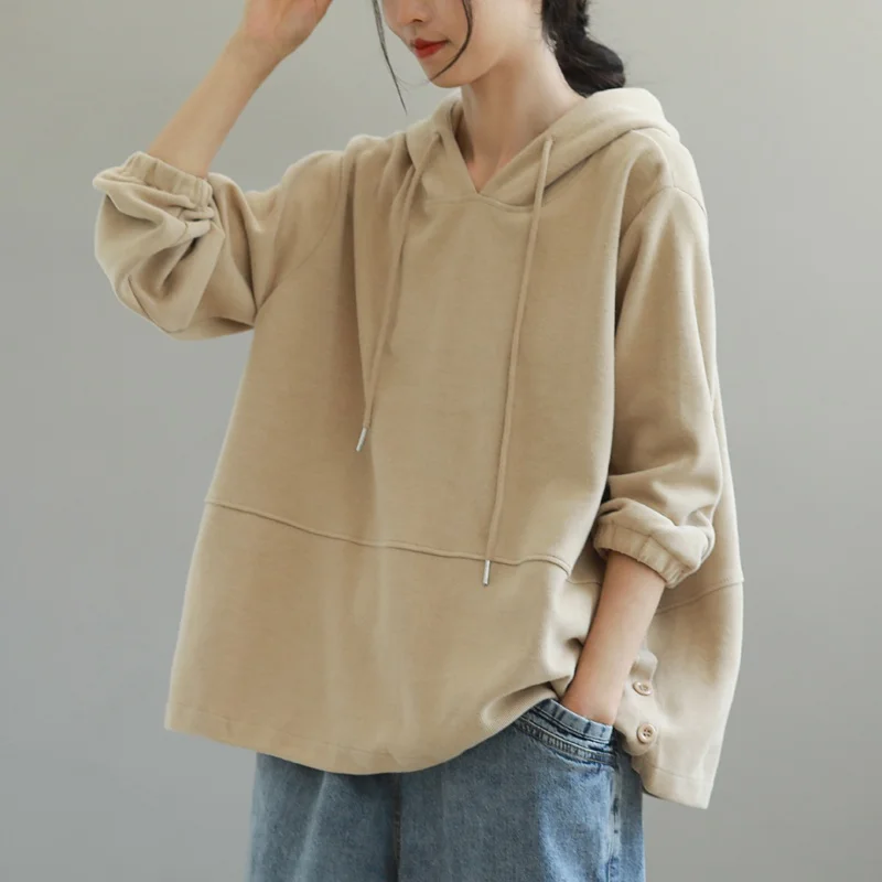 Solto ajuste artístico retalhos moletom com capuz casual outerwear feminino faion japonês sle longo sve dstring corda