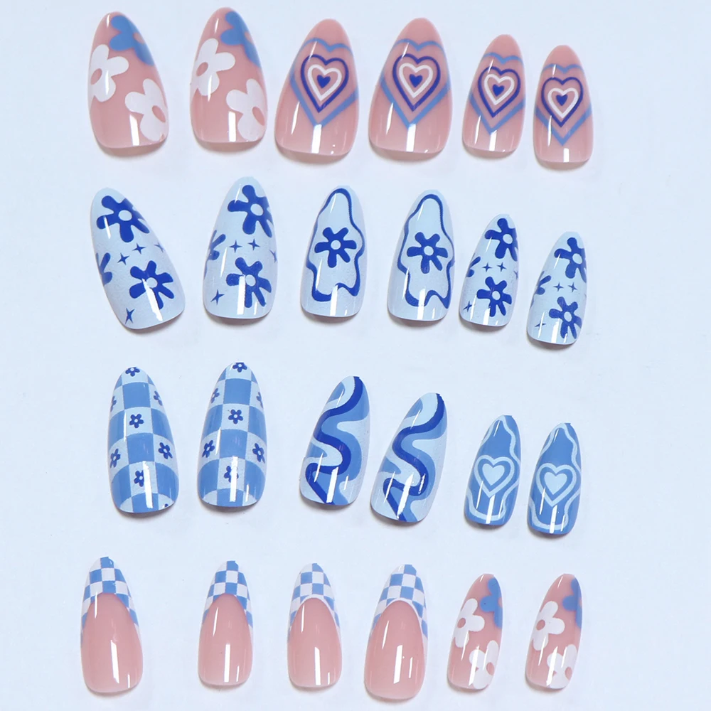 24pcs press on nails  Long Almond Blue Line Love Flower Lattice Print Fake Nail french tip press on nails cute nail