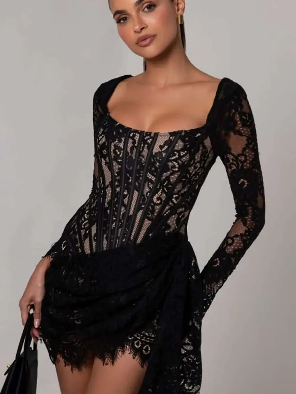 2024 New Luxury Sexy Asymmetric Lace Dress Women O-neck Long Sleeve Bodycon Lace Mini Dresses Evening Club Party Vestidos