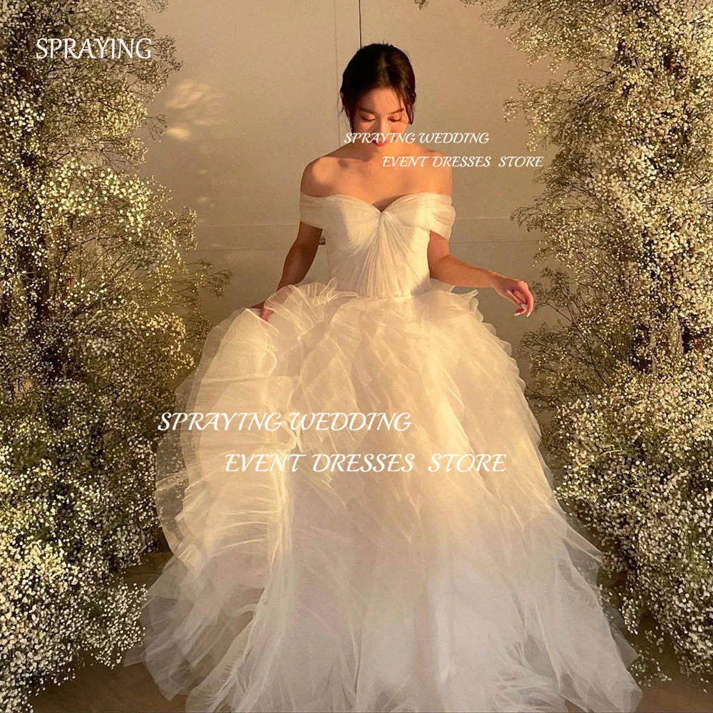 

SPRAYING Simple Off Shoulder Korea Wedding Photo Shoot Dress Tulle Pleat Floor Length Tiered Bridal Gowns Corset Customized 2025