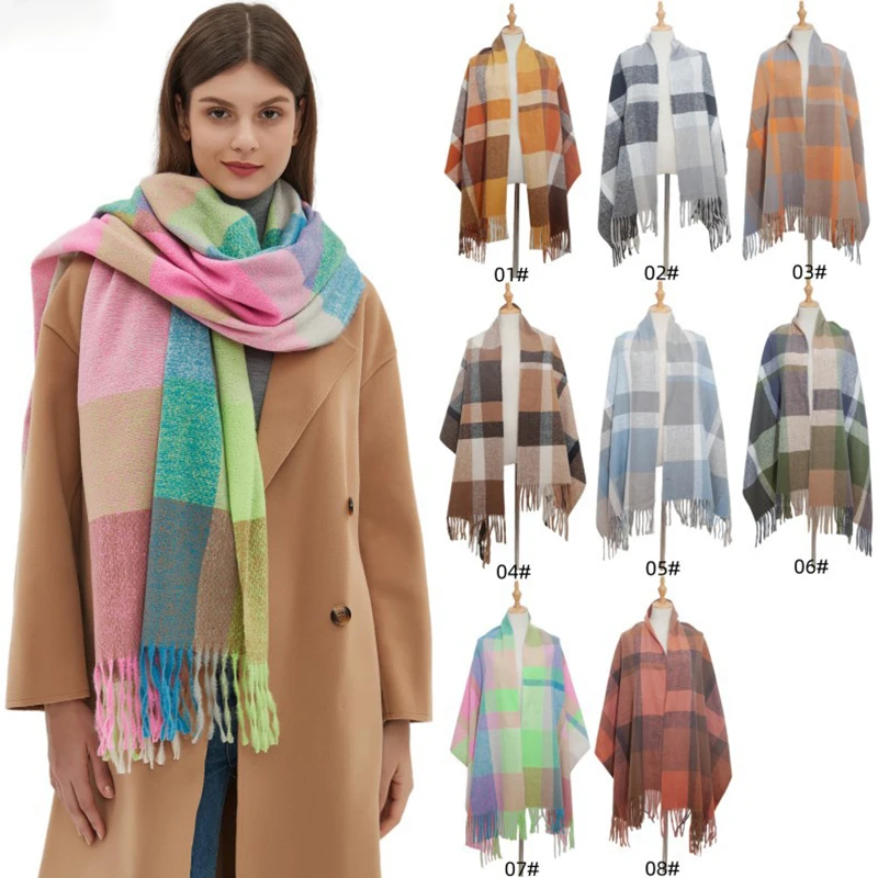 

2024 New Fashion Plaid Women's Autumn/Winter Tassel Imitation Cashmere Scarf Warm Pashmina Lady Shawl Wholesale Luxury Brand