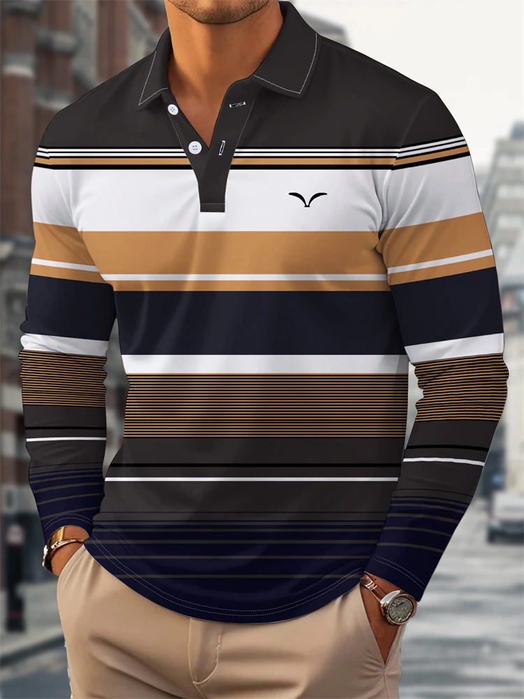 Men's Long-Sleeve Polo Shirt Autumn 2026 Minimalist Striped Color-Block and Printed Design Loose Fit Outdoor Street-Style Top