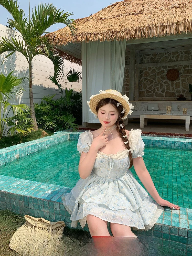 

Летнее женское платье миди с пышными рукавами и цветочным принтом, больших размеров, синее, с морскими цветами