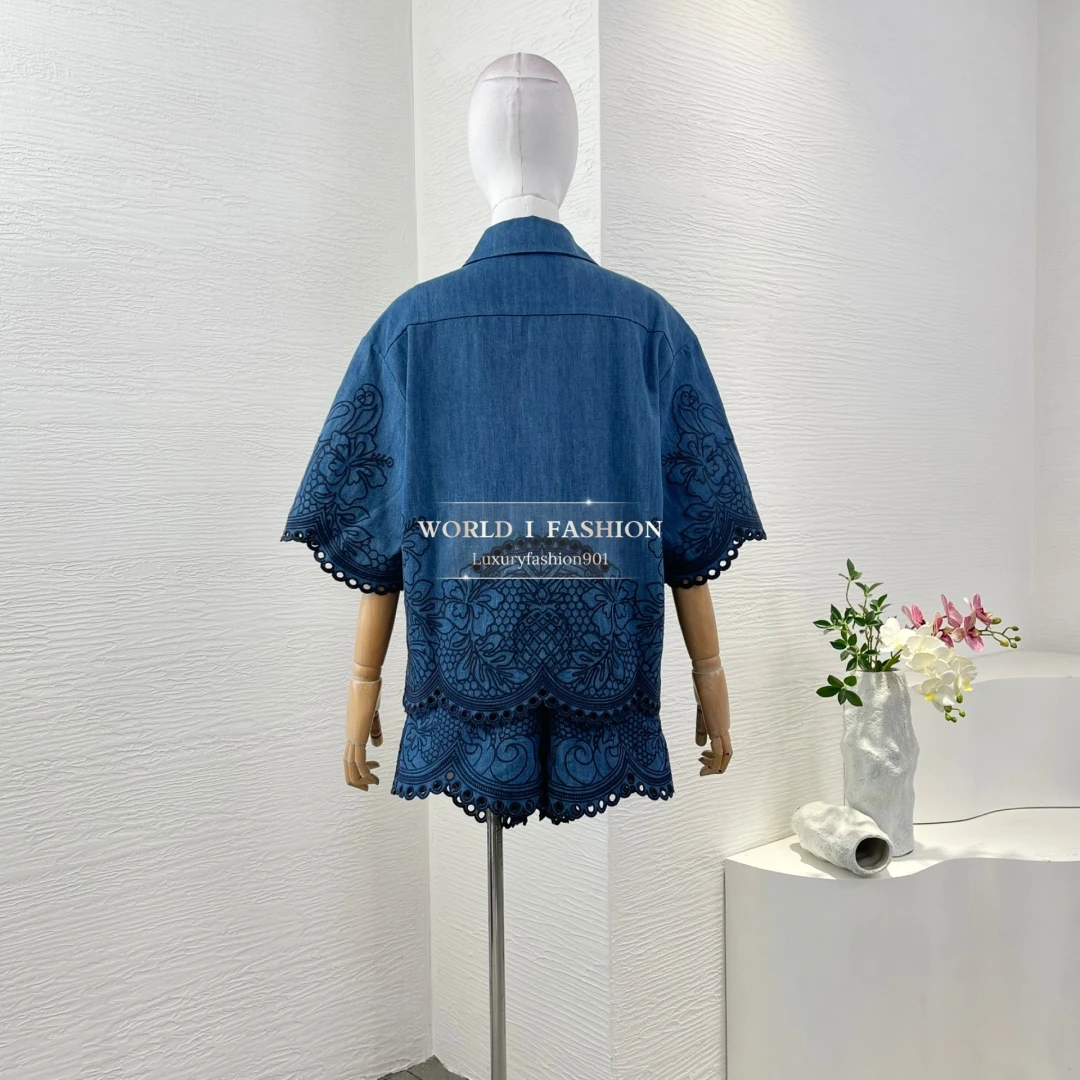 Camicetta e pantaloncini con colletto rovesciato con lacci ricamati in puro cotone di alta qualità stile spiaggia Abito da donna 2025 Nuovo