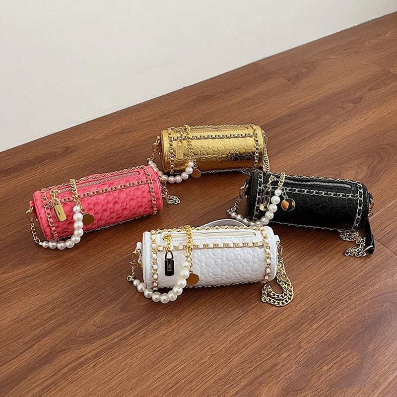 

Sweet Pearl Chains Round Bucket Bag Women Summer PU Crossbody Bags Textured Commuter Shoulder Bags Lady Delicate Phone Purse