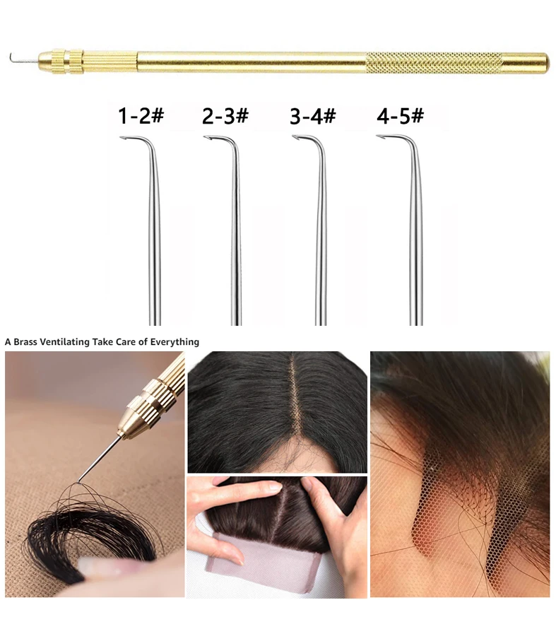 1 szt. Mosiężny Uchwyt i 4 szt. Igły Wentylacyjne o Różnych Rozmiarach (1-1, 1-2, 2-3, 3-4) do Profesjonalnego Wyrobu Peruk, Profesjonalne Narzędzia do Wyrobu Peruk