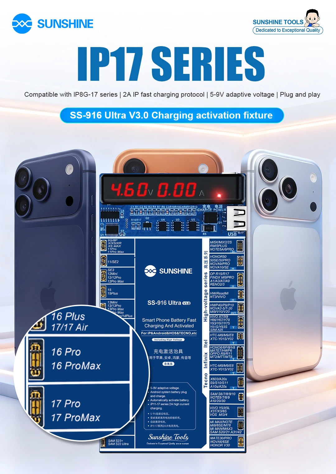 

SUNSHINE SS-916 Ultra Charging Activation Fixture for IP 6-17PM Android Devices Battery Current and Voltage Detection Tool