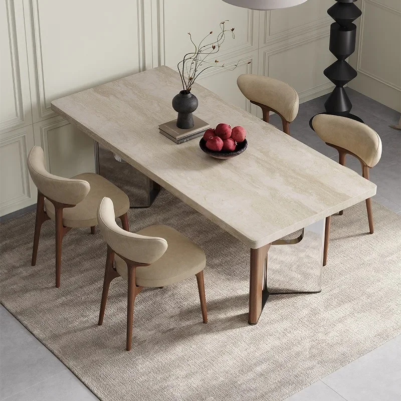 French retro travertine rock slab dining table and chairs, solid wood home high-end villas hang rectangular dining tables