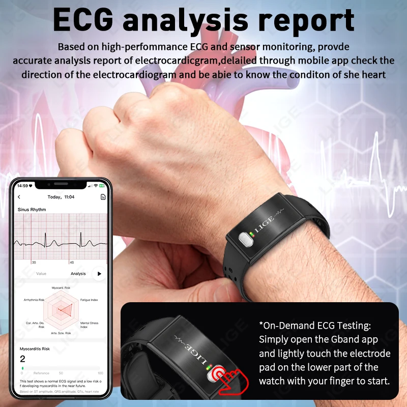LIGE ECG+PPG Men Smart Bracelet HRV Body Fat BMI Blood Pressure Body Temperature Nursing Grade Women Health Sports Smartwatch