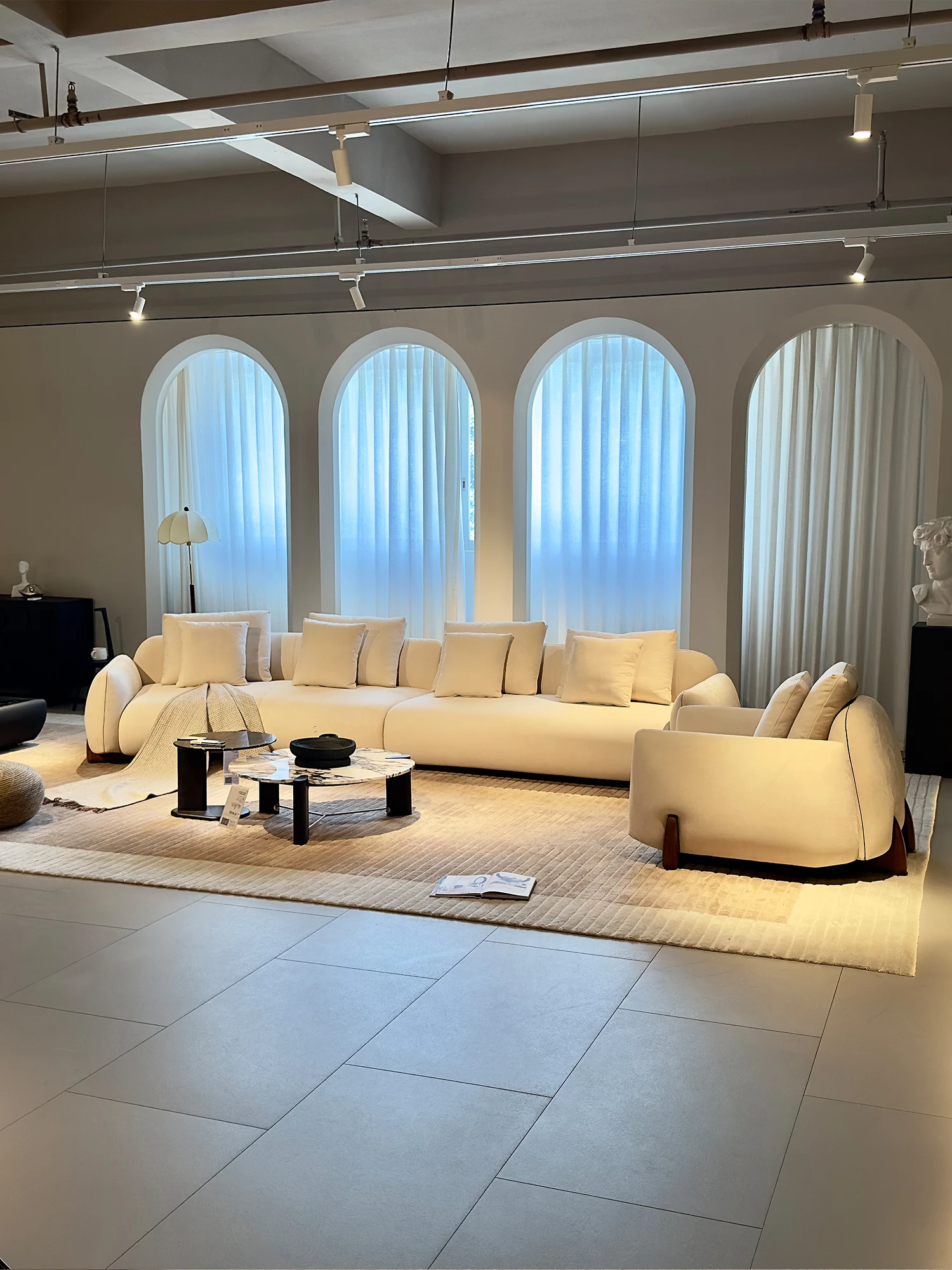 Cream Velvet Modular Sofa Rounded Cylinder Armrest Wooden Legs Deep Seat Long Straight Sectional Oversized For Living Room Villa
