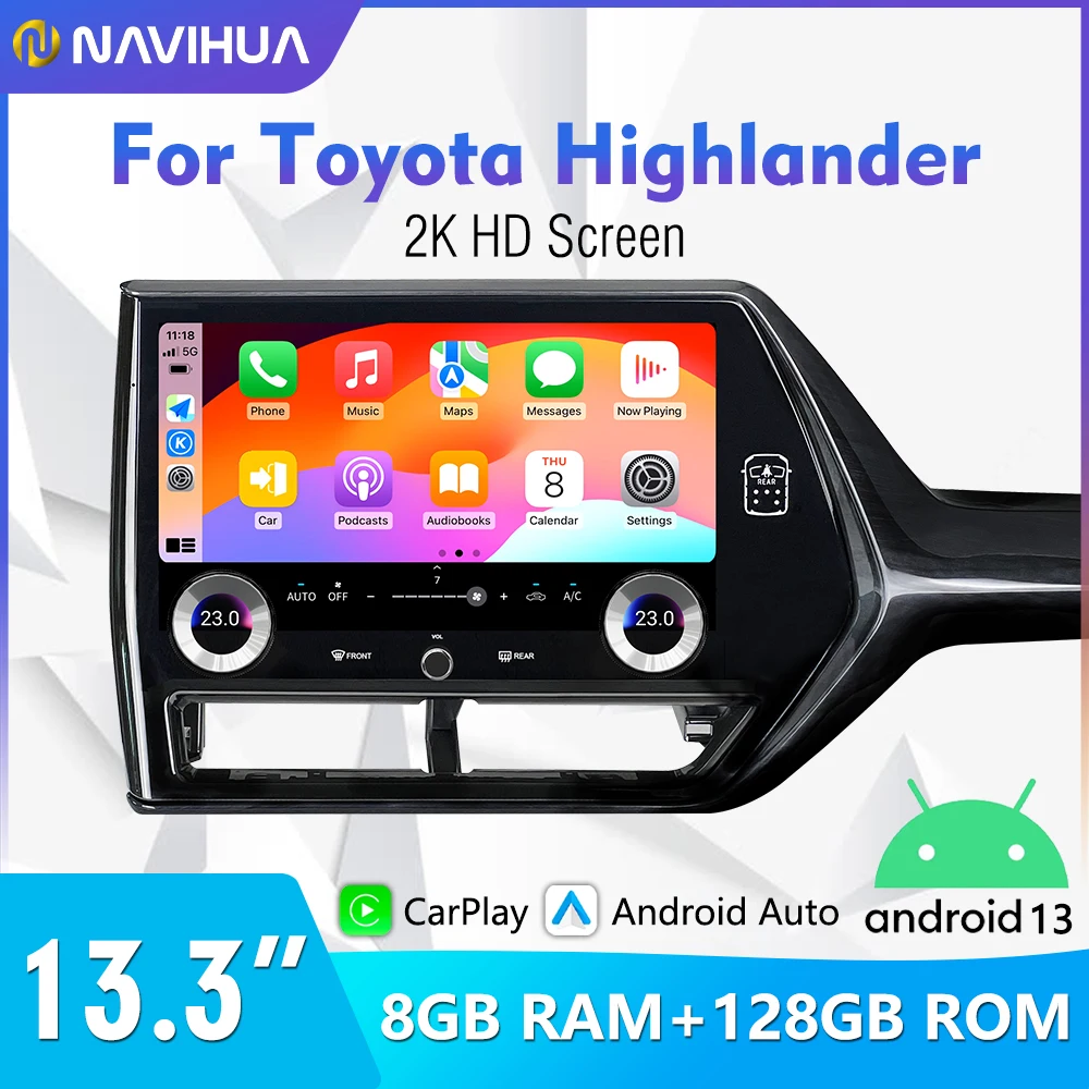 13.3inch Android 13 Multimedia Video Player Stereo Radio GPS Navigation Carplay Car DVD Player for Toyota Highlander 2021-2023