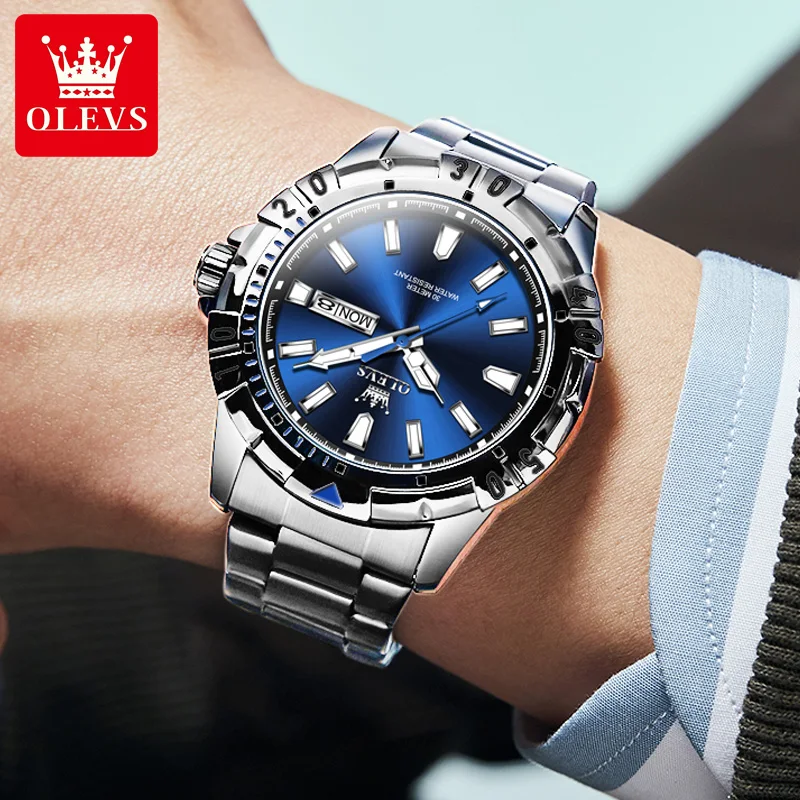 OLEVS NEW Original Diving Series Men\'s Watches Stainless Steel Wristwatch Blue Luminous Cool Quartz Watch for Men Top Brand