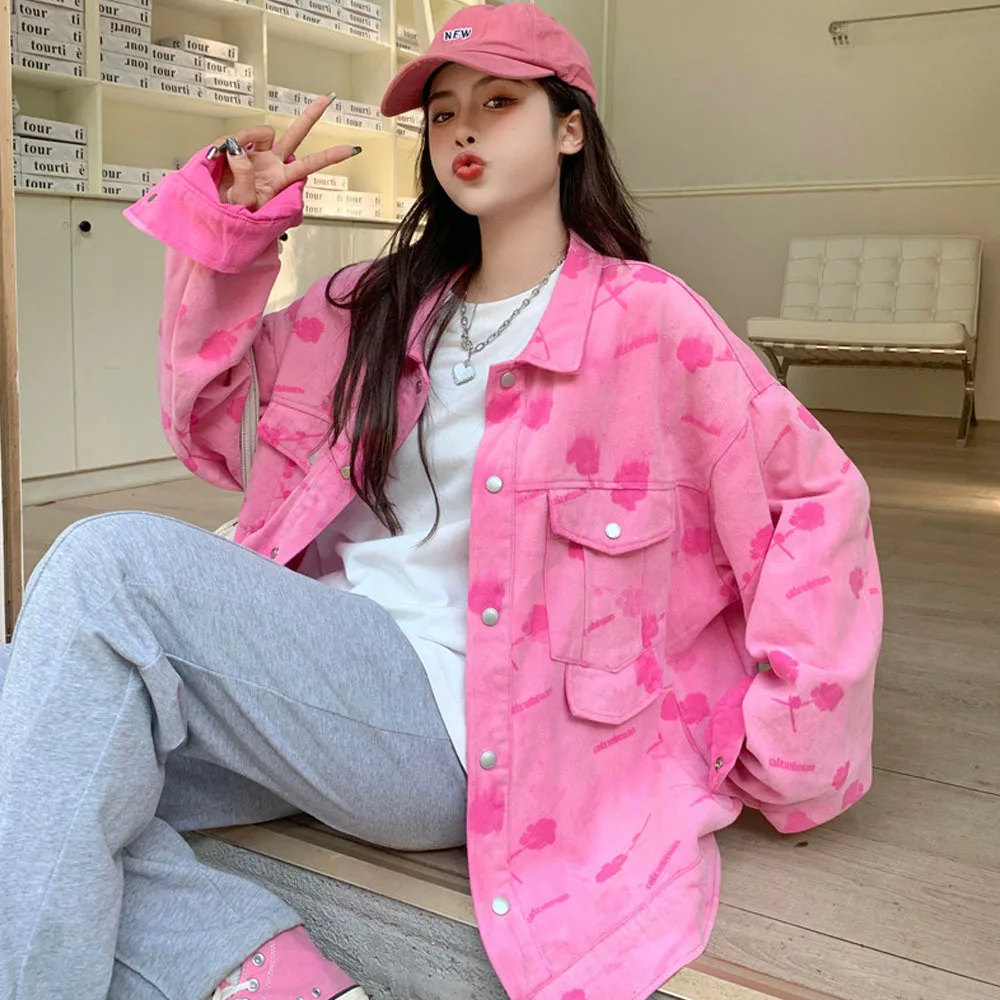 Spring Autumn Pink Denim Jacket Women Sweet Loose Long Sleeve Woman Rose Print Jean Outerwear Oversized S-5XL Fashion Street Top