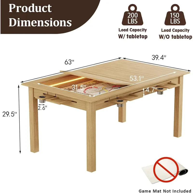 Board Game Table with Led Lights 63 Dining Gaming Table Oak