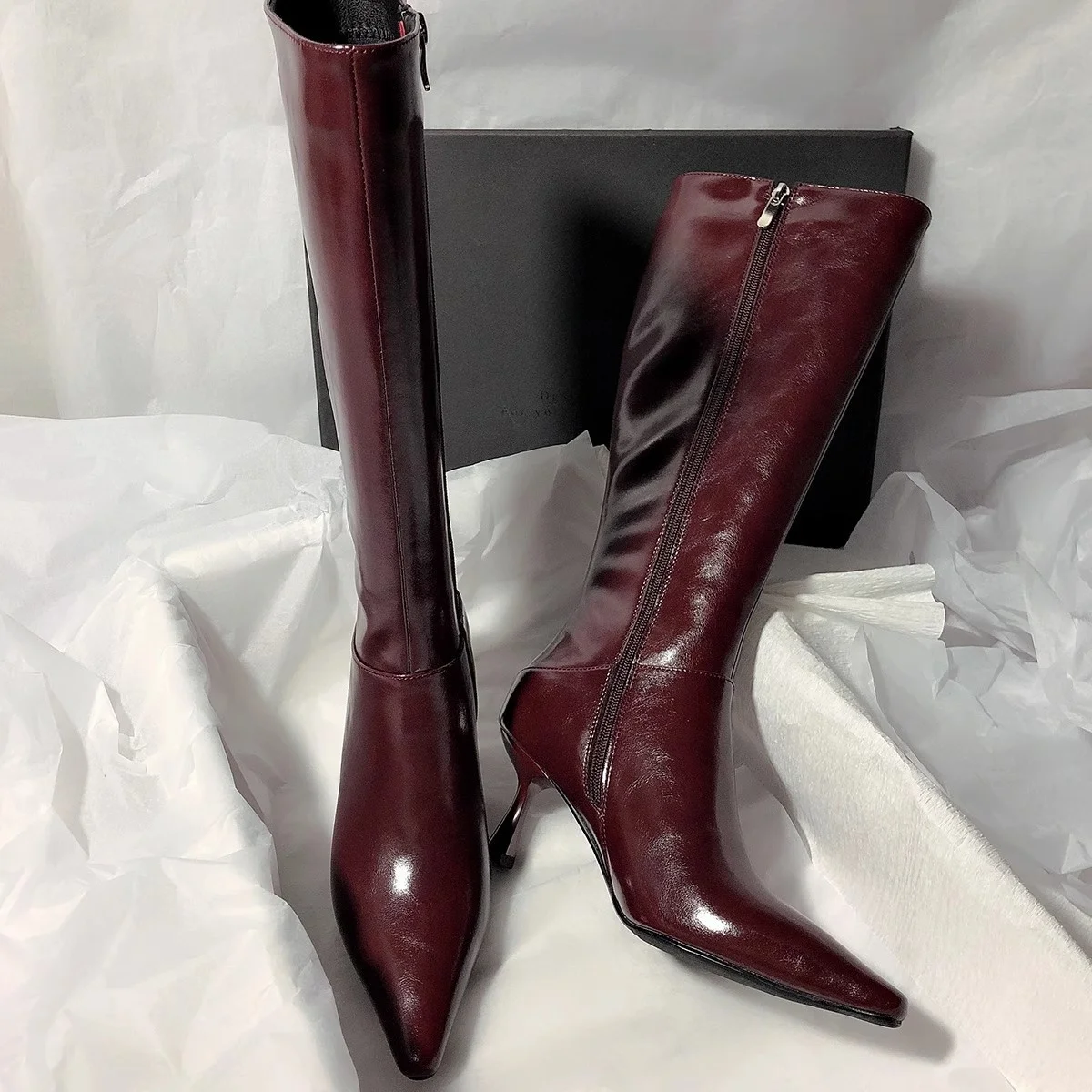 

Stylish Over-Knee High Heel Boots Women's Leather Side Zipper Boot Boot round Toe Rubber Outsole Spring Autumn Winter