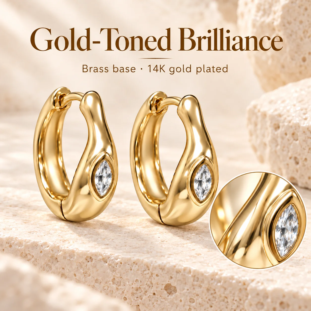 Moonmory Einzigartiges Design Lava-Creolen für Damen, 5A Marquise CZ Unregelmäßige Messing-Creolen, 14K Vergoldet, Großhandelsschmuck – Detail 7