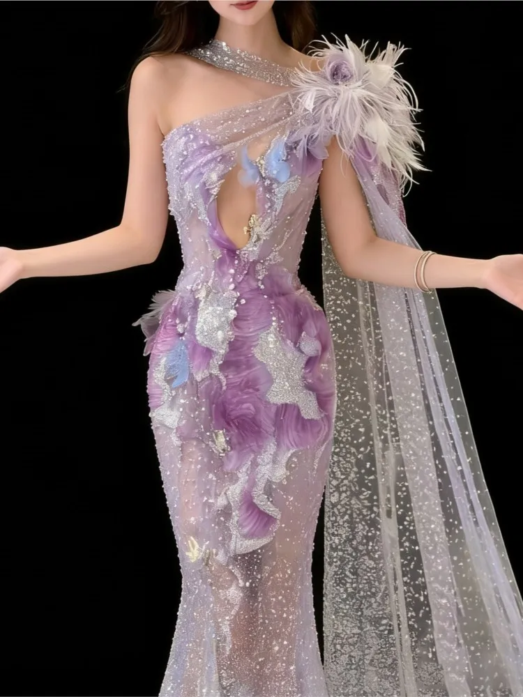 Gradient Purple Host Beaded Toast Party Halter Model Catwalk Dress