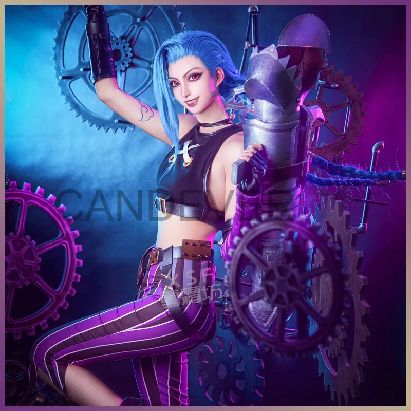 LOL Arcane jinx league of legends Cosplay jinx arcane cosplay Costume Tattoos wig glasses shoes boots Women Sexy Outfit top Pant