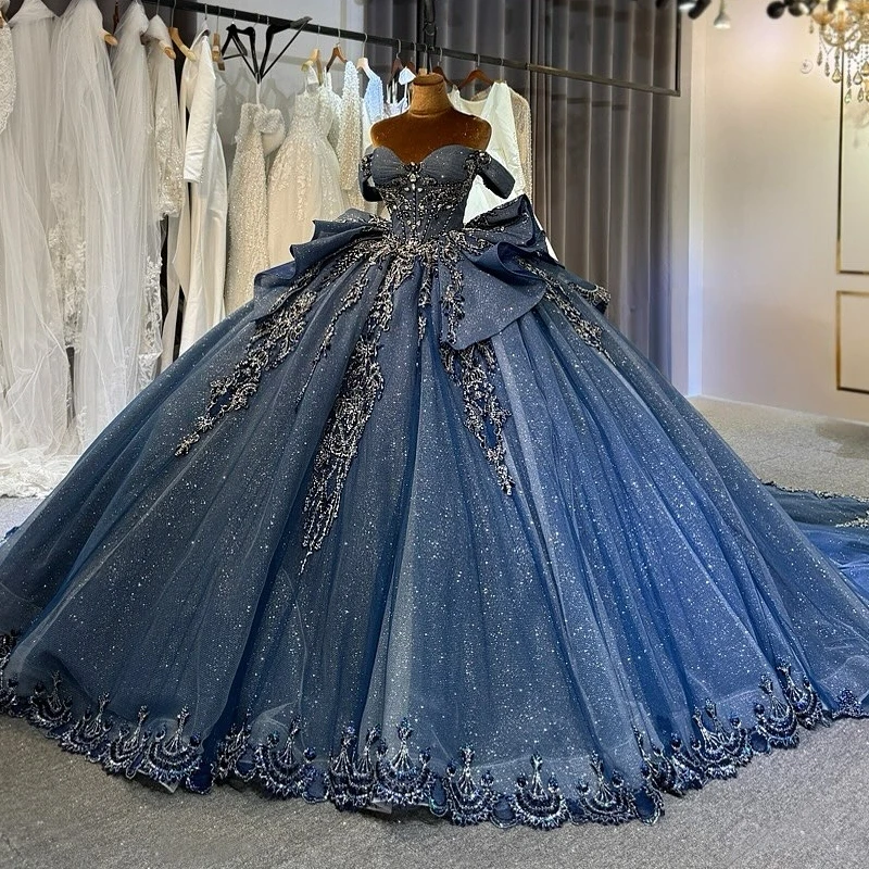

Морской синий блестящие платья Quinceanera с открытыми плечами, аппликация, кружево, бант, бисер, кристалл, тюль, вечерние, день рождения, сладкое платье 16, Vestido