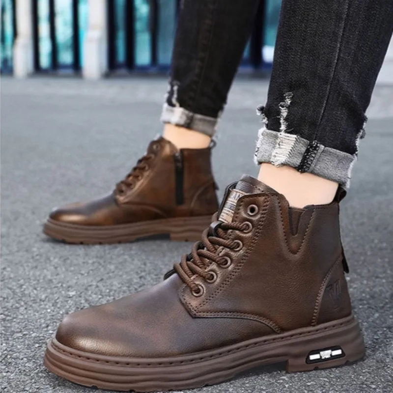 2025 männer Stiefeletten Mode High-top Casual Leder Boot Nicht Slip Plattform Stiefel für Männer Lace Up Motorrad stiefel Botas Hombre