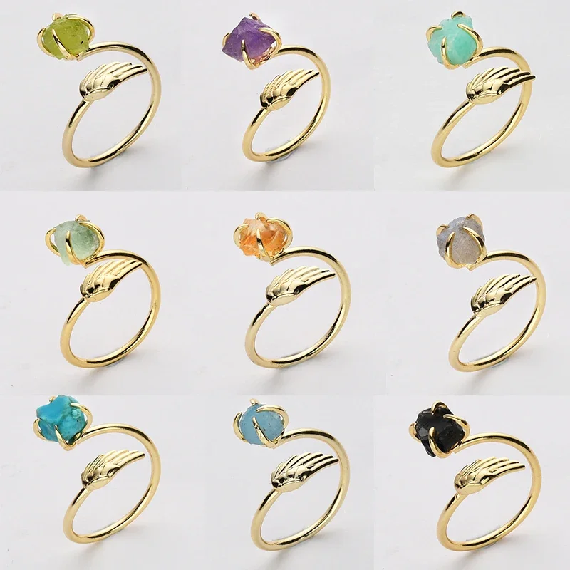 

BOROSA Irregular Natural Stone Claw Rings Multi-Kind Crystal Adjustable Open Rings For Women Healing Reiki Jewelry Gifts