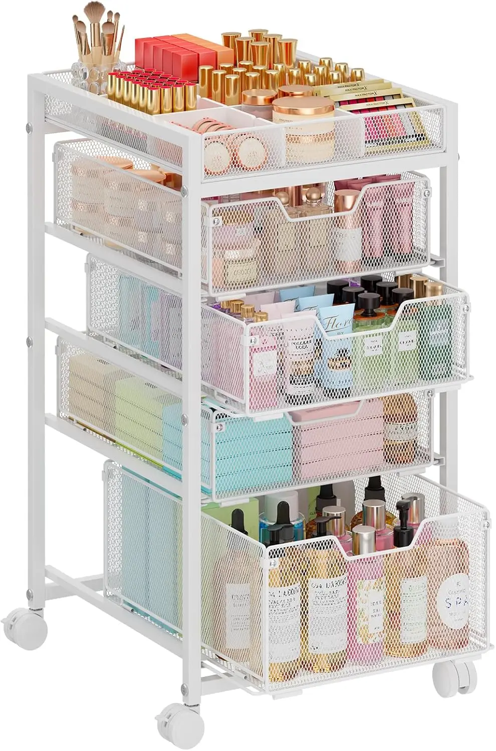 

5-Tier Rolling Makeup Cart Organizer with 4 Drawers, Dividers, Locking Wheels, White Vanity Storage for Cosmetics Skincare Nail