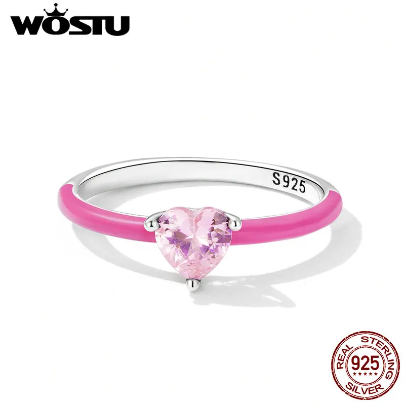 WOSTU 100% 925 Sterling Silver Trendy Pink Heart Zircon Size Rings For Women Fine Blue Zirconium Rings S925 Exquisite Jewelry