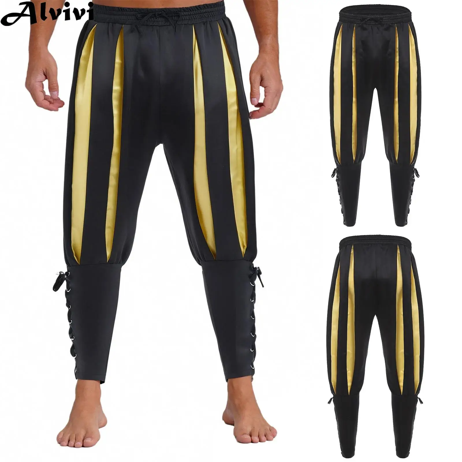Men Gothic Ankle Banded Pirate Pants Halloween Carnival Medieval Renaissance Victorian Viking Navigator Vampire Cosplay Costume