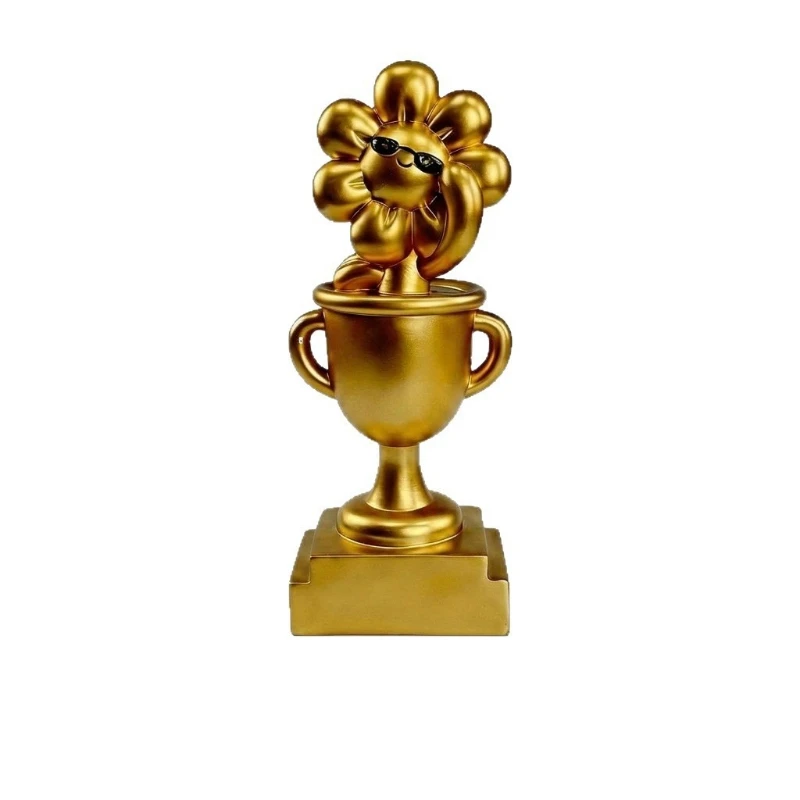 Resin Sunflower Trophy Figurine, Cool Sunglasses Sunflower Statue, Desktop Ornament, Inspirational Gift, Party Award Souvenir