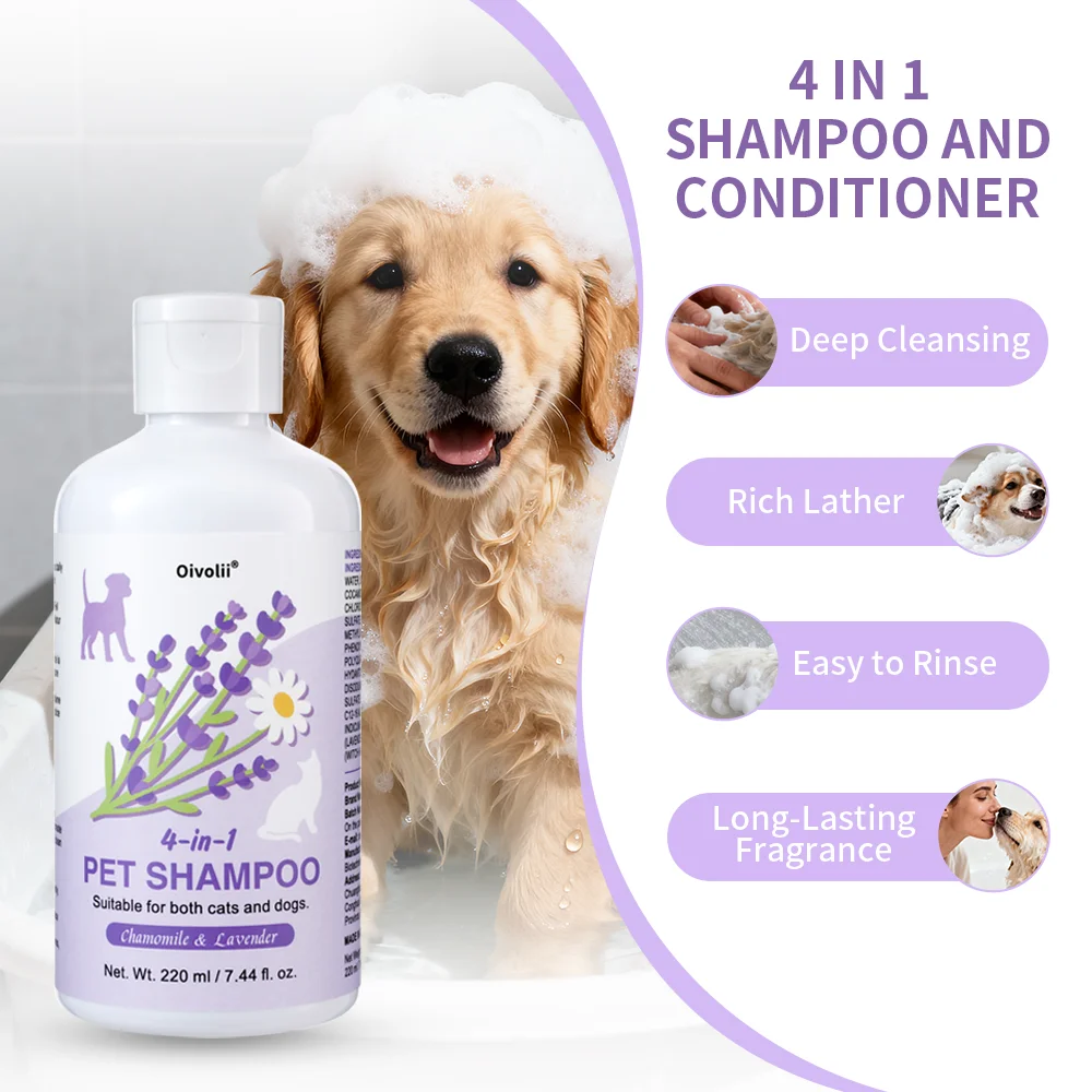 4-in-1 Hundeshampoo und Conditioner 220ml Waschlotion mit Kamille und Lavendel Sanfte Formel Beruhigende Hautpflege Desodoriert Reinigt Schmutz Macht Weich