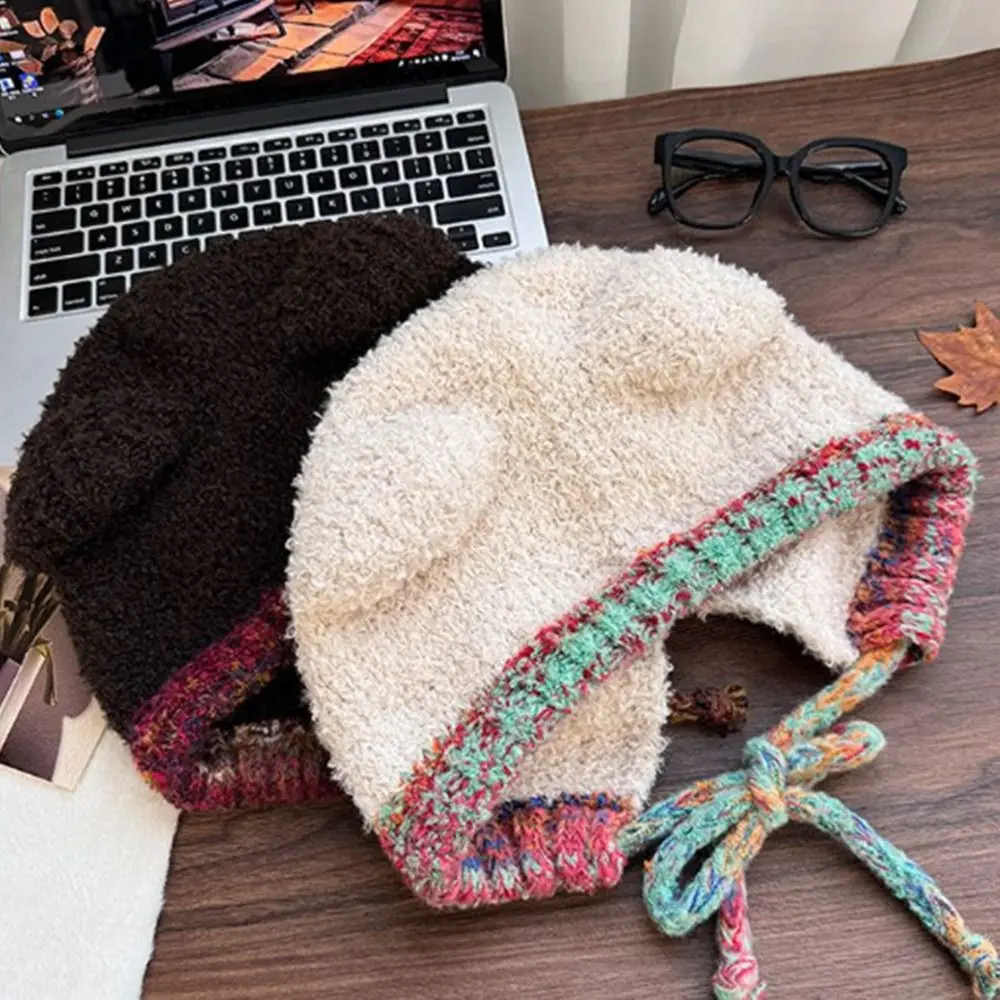 

Casual Bear Ear Knitted Woolen Hat Windproof Thickened Ear Protection Cap Keep Warm Beanies Cap for Women