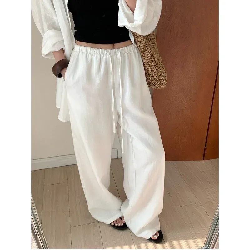

Женские льняные брюки с широкими штанинами, повседневные, на резинке, с высокой талией, на шнурке, свободного кроя, летние, дышащие, пляжные