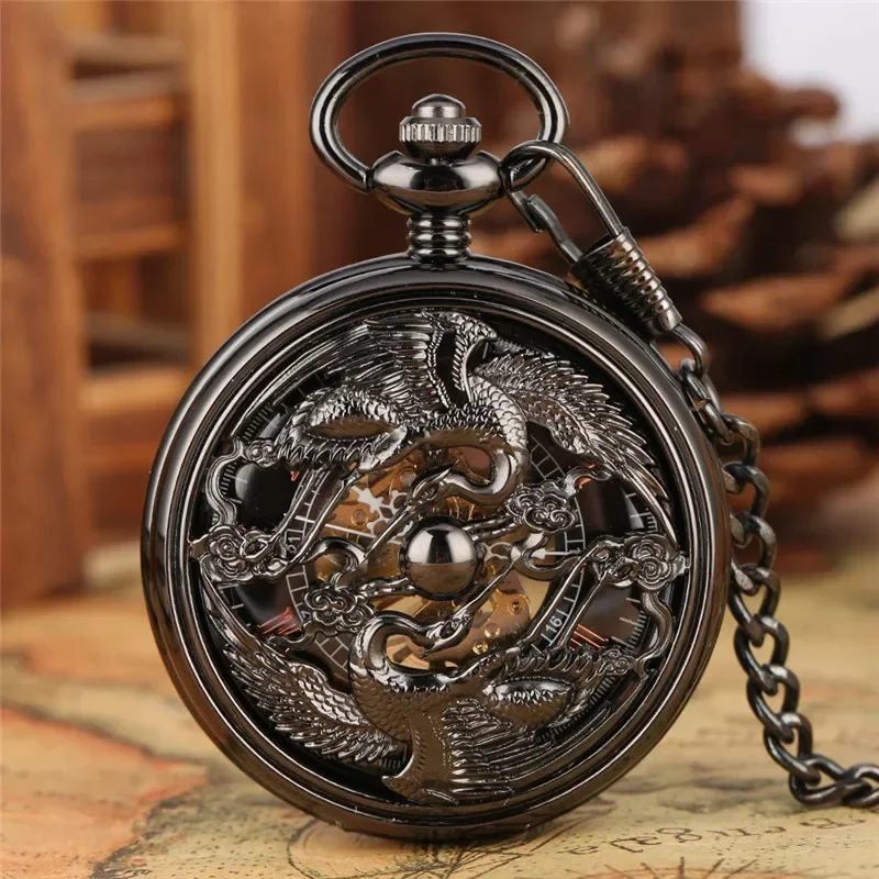 Retro Hollow Cranes Men Women Hand-winding Mechanical Pocket Watch Skeleton Clock Roman Numbers Watches Pendant Chain Reloj Gift