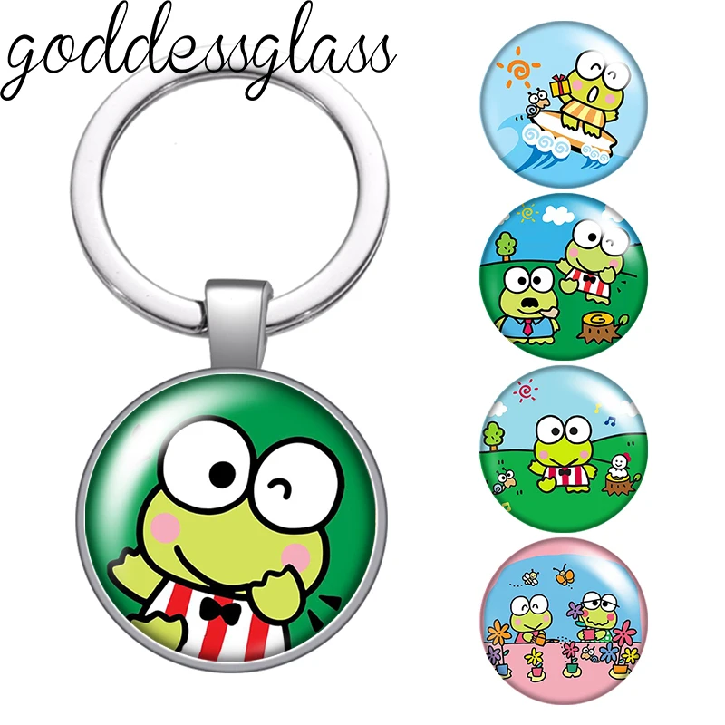 MINISO Keroppi Cute frog Cartoon Photo cabochon key chain Ring Holder Charms silver color pendant for Kid