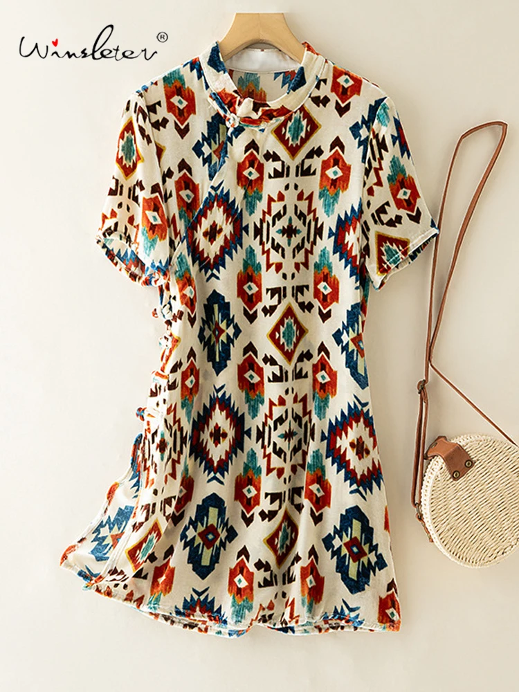 

Элегантная бархатная рубашка из 100% шелка Winsleter-Bottom, женская рубашка-стойка с коротким рукавом и принтом, блузка в стиле ретро, осенняя новинка 20238CC