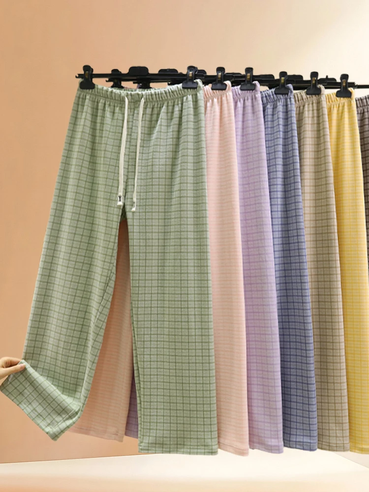 

Women's Plaid Fleece Lined Loose Straight Leg Casual Pants Home Wear Comfortable Slimming Sleepwear High Waist Long Trousers