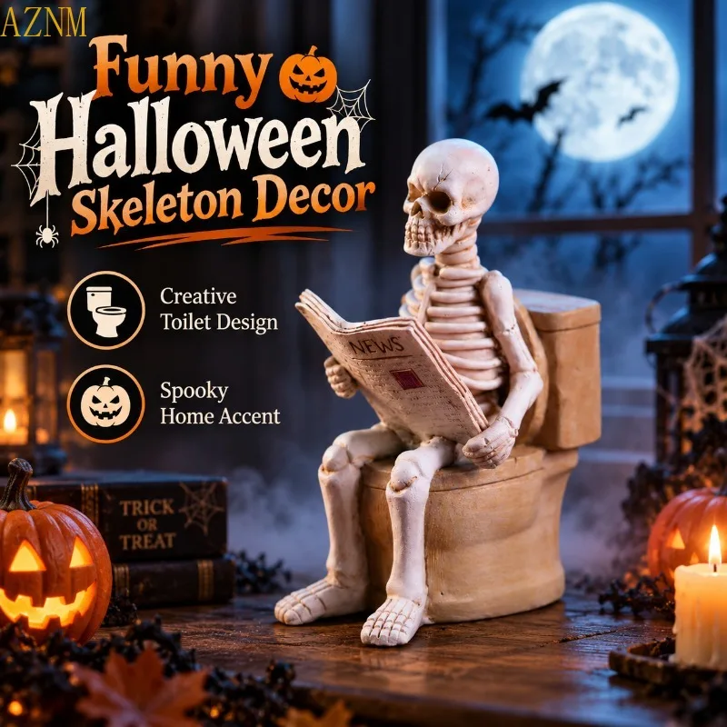 Halloween-Skelett auf Toiletten-Dekoration, lustige Harzfigur, die Zeitung liest, für Schreibtisch, Regal, Wohnzimmer, Party, Heimdekoration