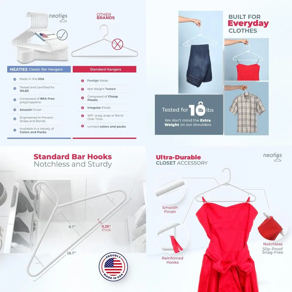 

Набор пластиковых вешалок (100+ шт.) - 150 штук, производство США, нагрузка до 2,7 кг, с крючками для платьев, нижнего белья, рубашек, брюк - белые и розовые