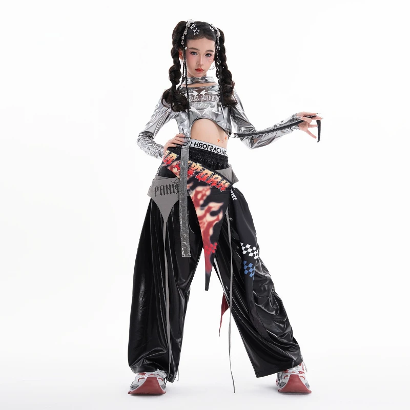 

Girls Hip Hop Street Dance Clothes Set Silver Long Sleeve Top Baggy Pants Outfits Group Cool Catwalk Stage Performance Costume